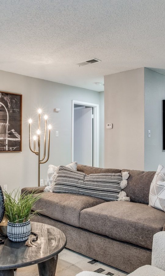 the living room has a couch, coffee table and a television at The Evaline