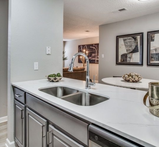 a kitchen with white cabinets and stainless steel appliances at The Evaline
